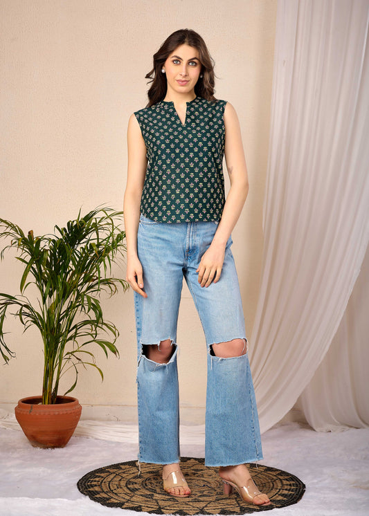 Women Green Printed Straight Top | LASVINI - Redefining Indian Fashion with Elegance