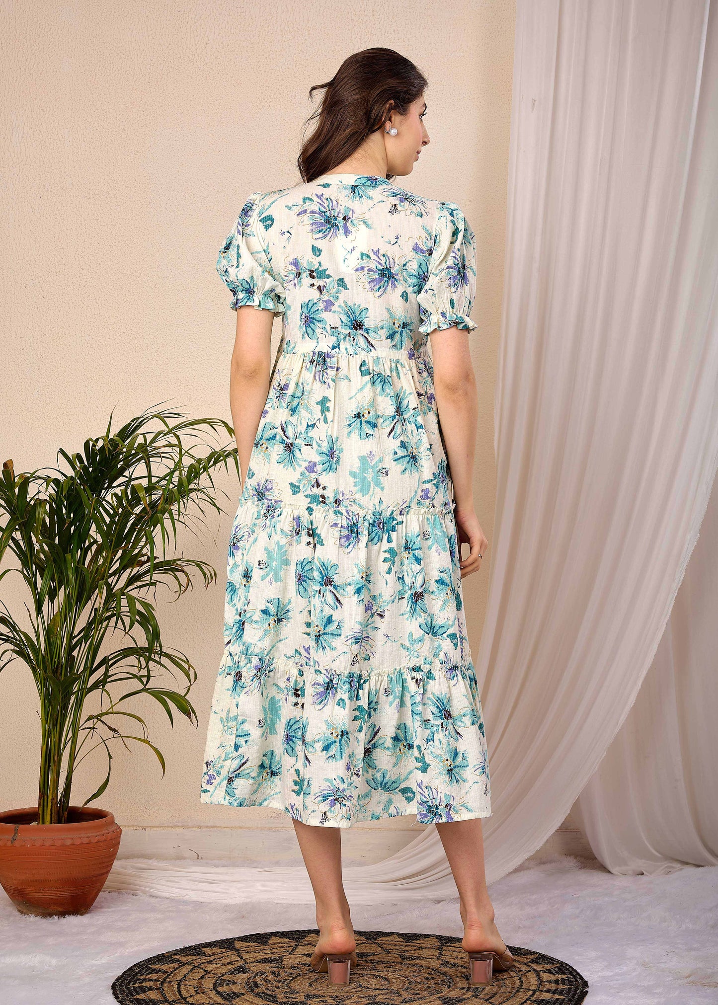 Off White Floral Printed Flared Dress for Women | LASVINI - Redefining Indian Fashion with Elegance