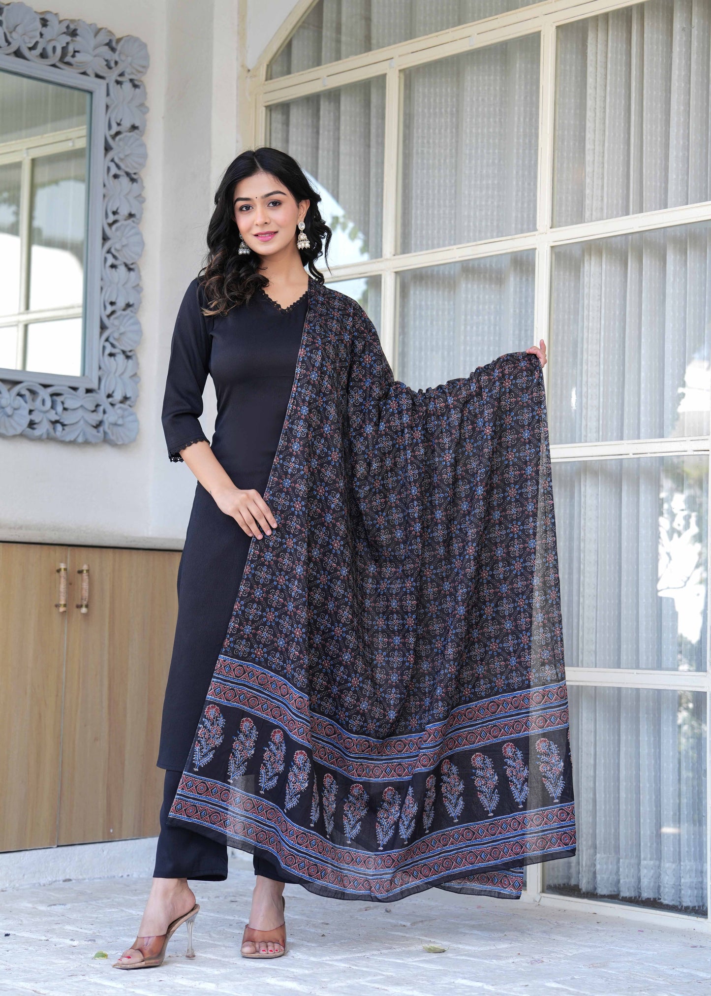 Black Straight Kurta Set With Printed Dupatta for Women | LASVINI - Redefining Indian Fashion with Elegance