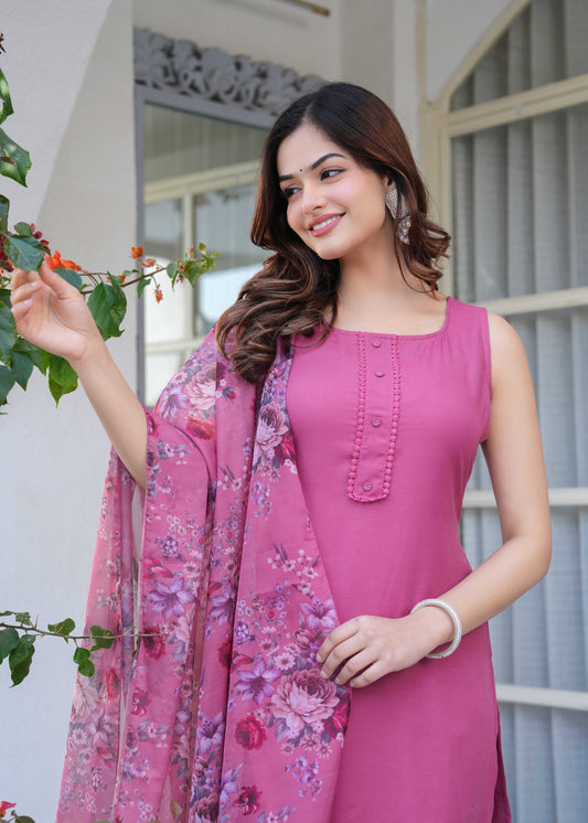 Mauve Solid Straight Kurta Set With Printed Dupatta for Women | LASVINI - Redefining Indian Fashion with Elegance
