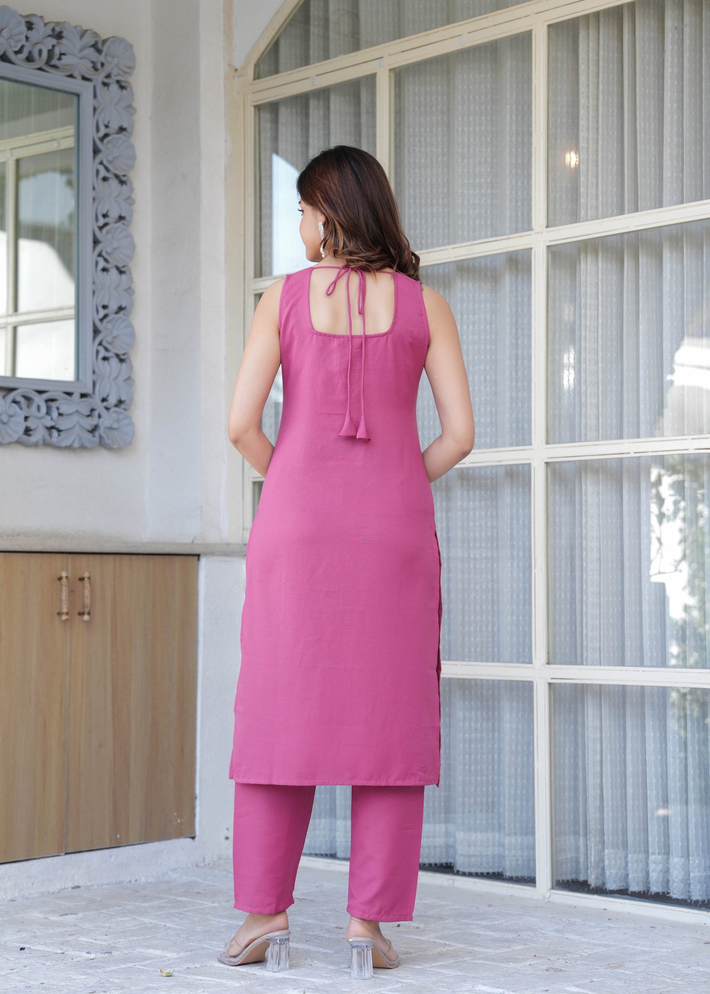 Mauve Solid Straight Kurta Set With Printed Dupatta for Women | LASVINI - Redefining Indian Fashion with Elegance