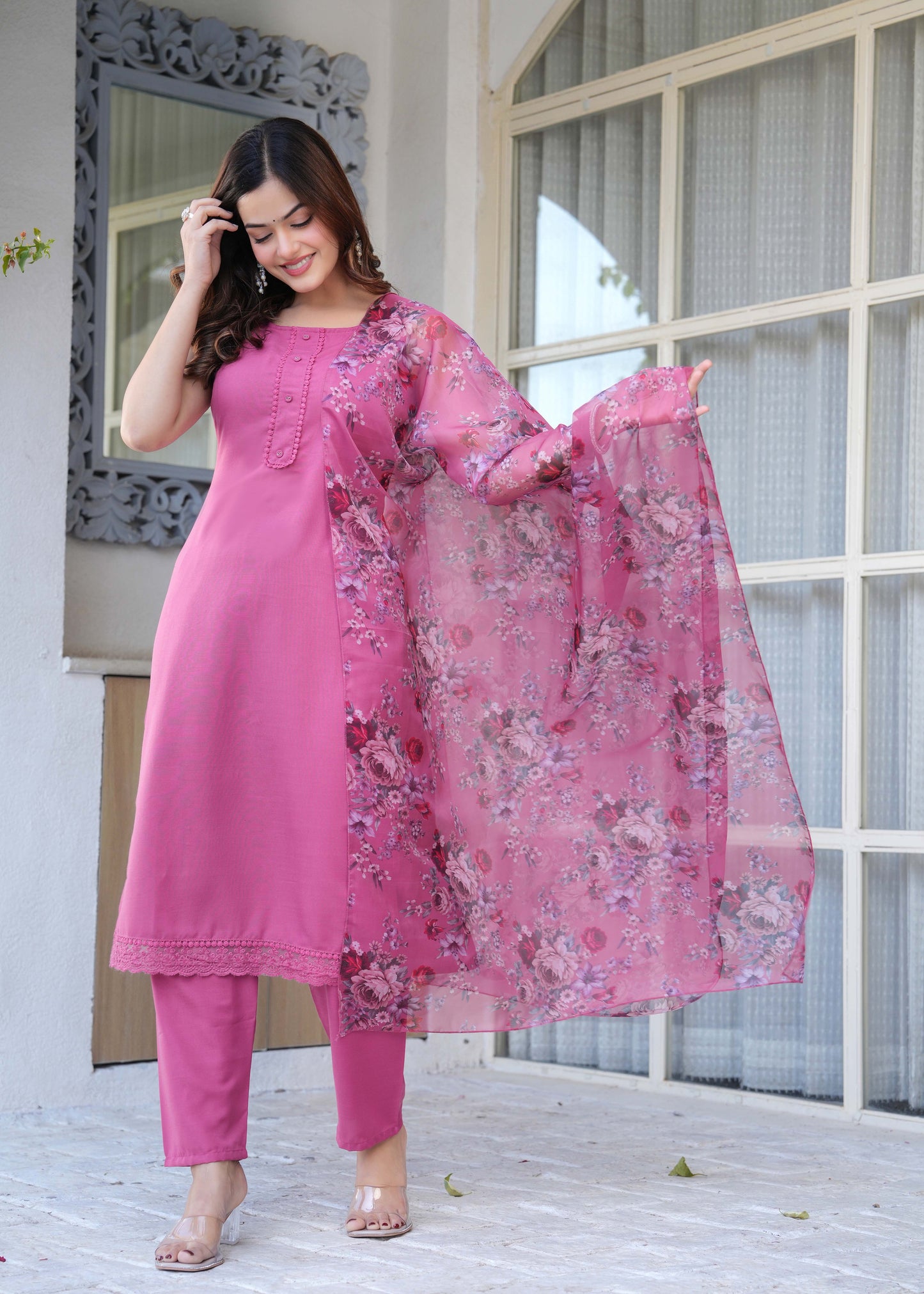 Mauve Solid Straight Kurta Set With Printed Dupatta for Women | LASVINI - Redefining Indian Fashion with Elegance