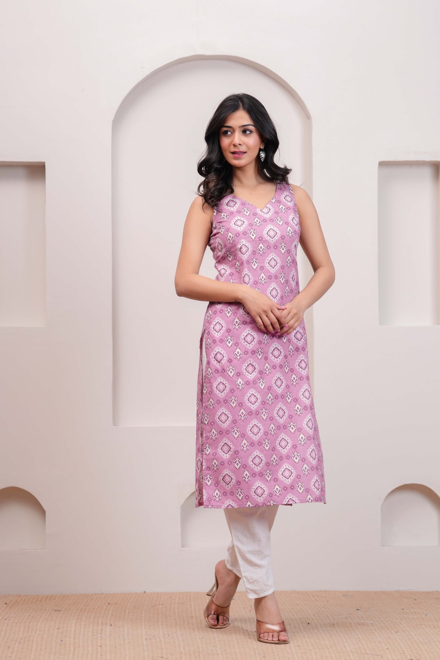 Mauve Printed Straight Sleeveless Kurta for Women | LASVINI - Redefining Indian Fashion with Elegance
