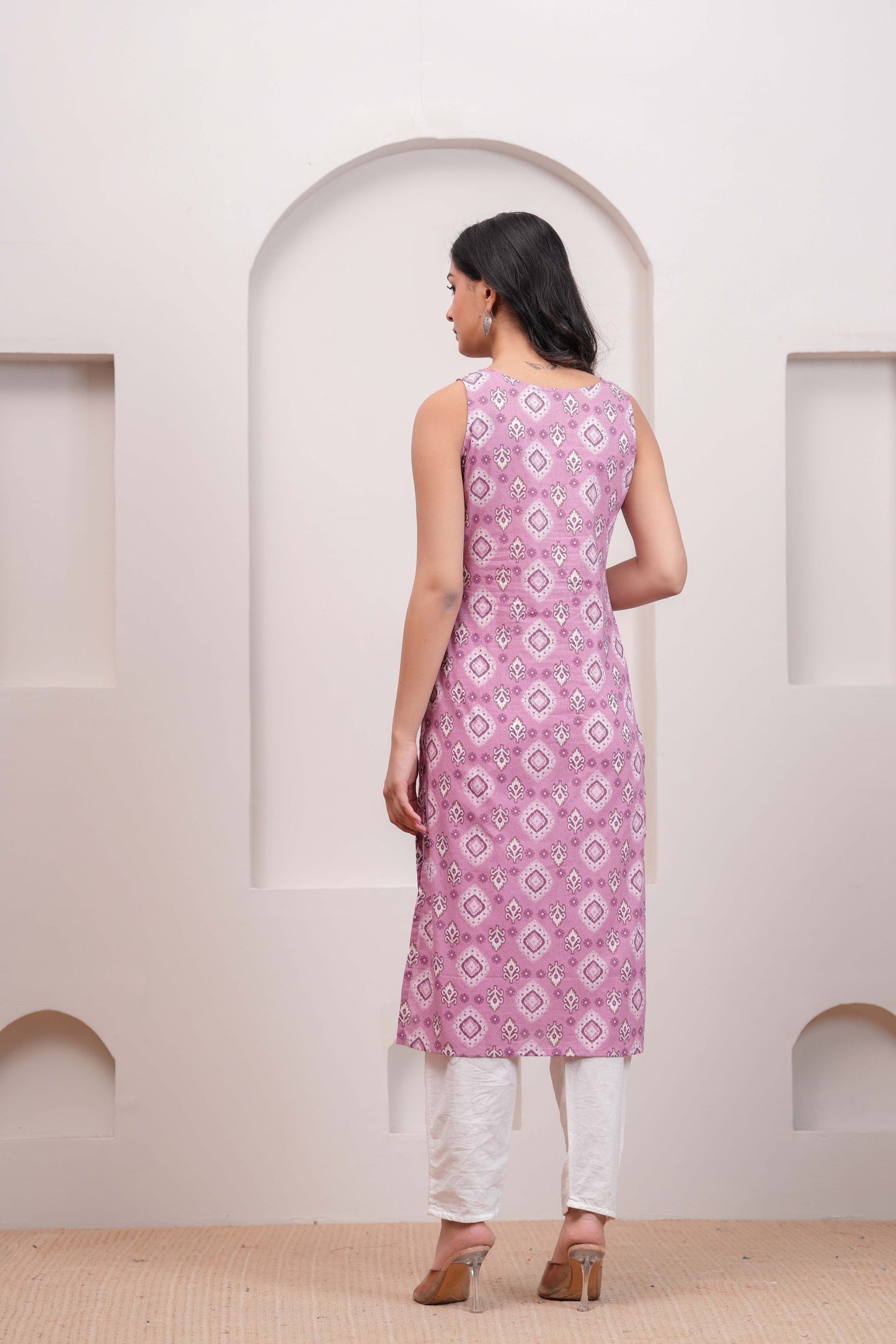 Mauve Printed Straight Sleeveless Kurta for Women | LASVINI - Redefining Indian Fashion with Elegance