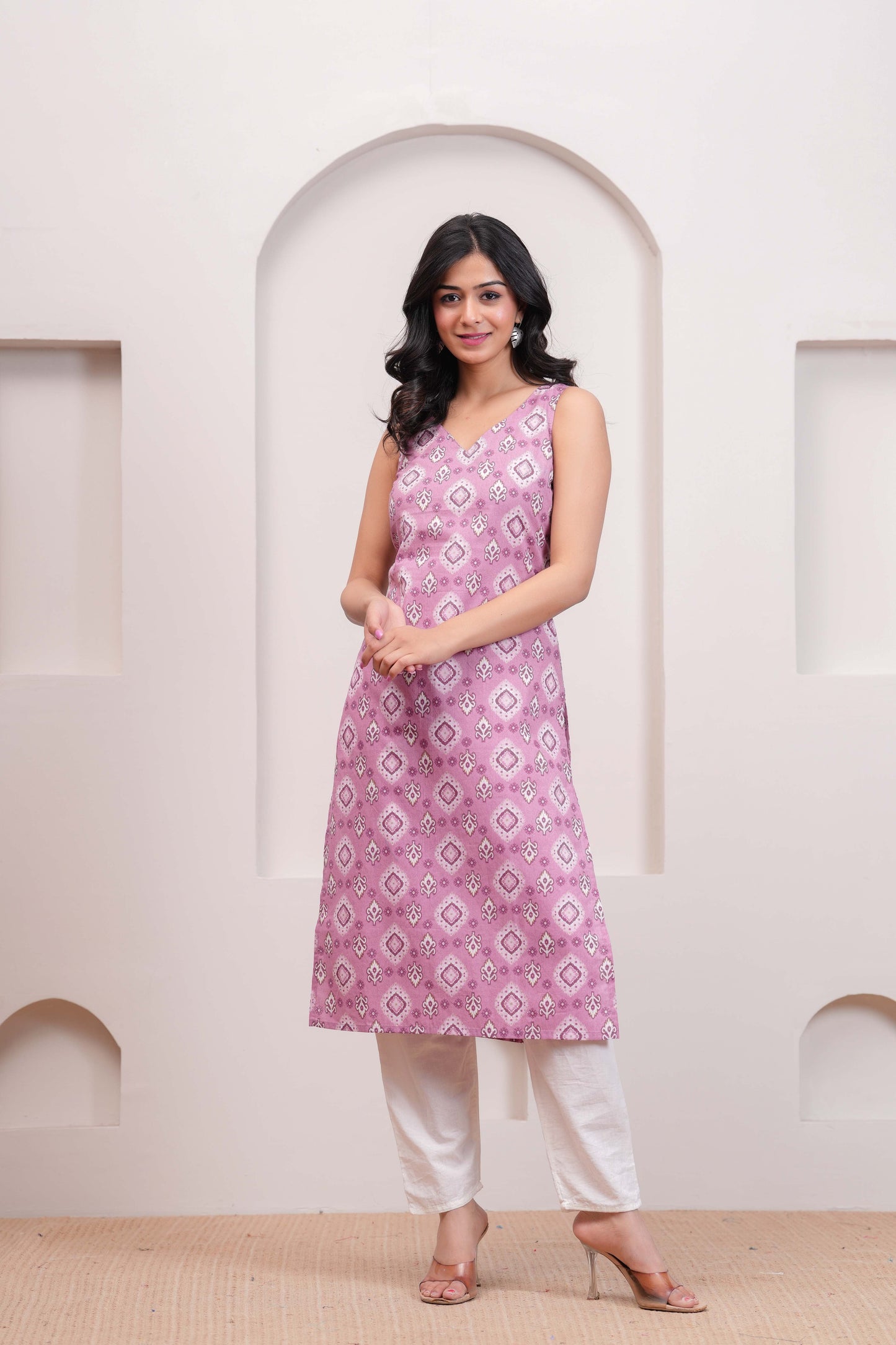 Mauve Printed Straight Sleeveless Kurta for Women | LASVINI - Redefining Indian Fashion with Elegance