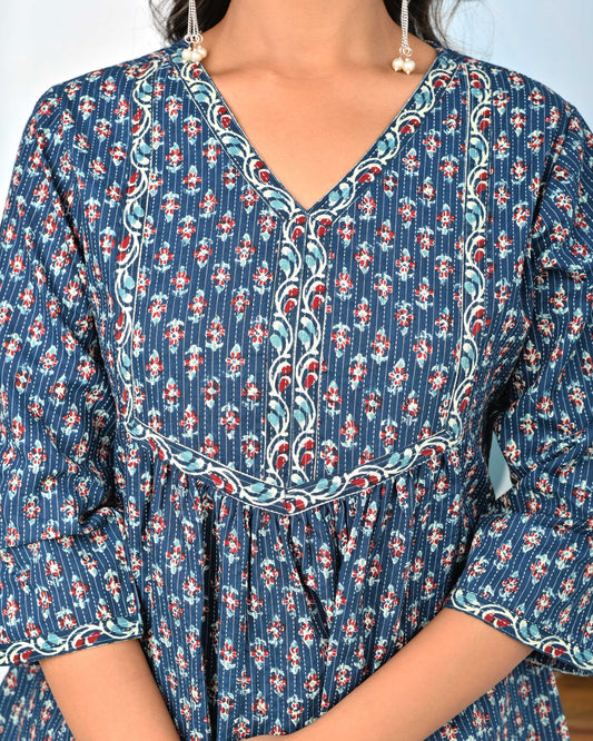 Women Blue Ethnic Printed Flared Tunic | LASVINI - Redefining Indian Fashion with Elegance