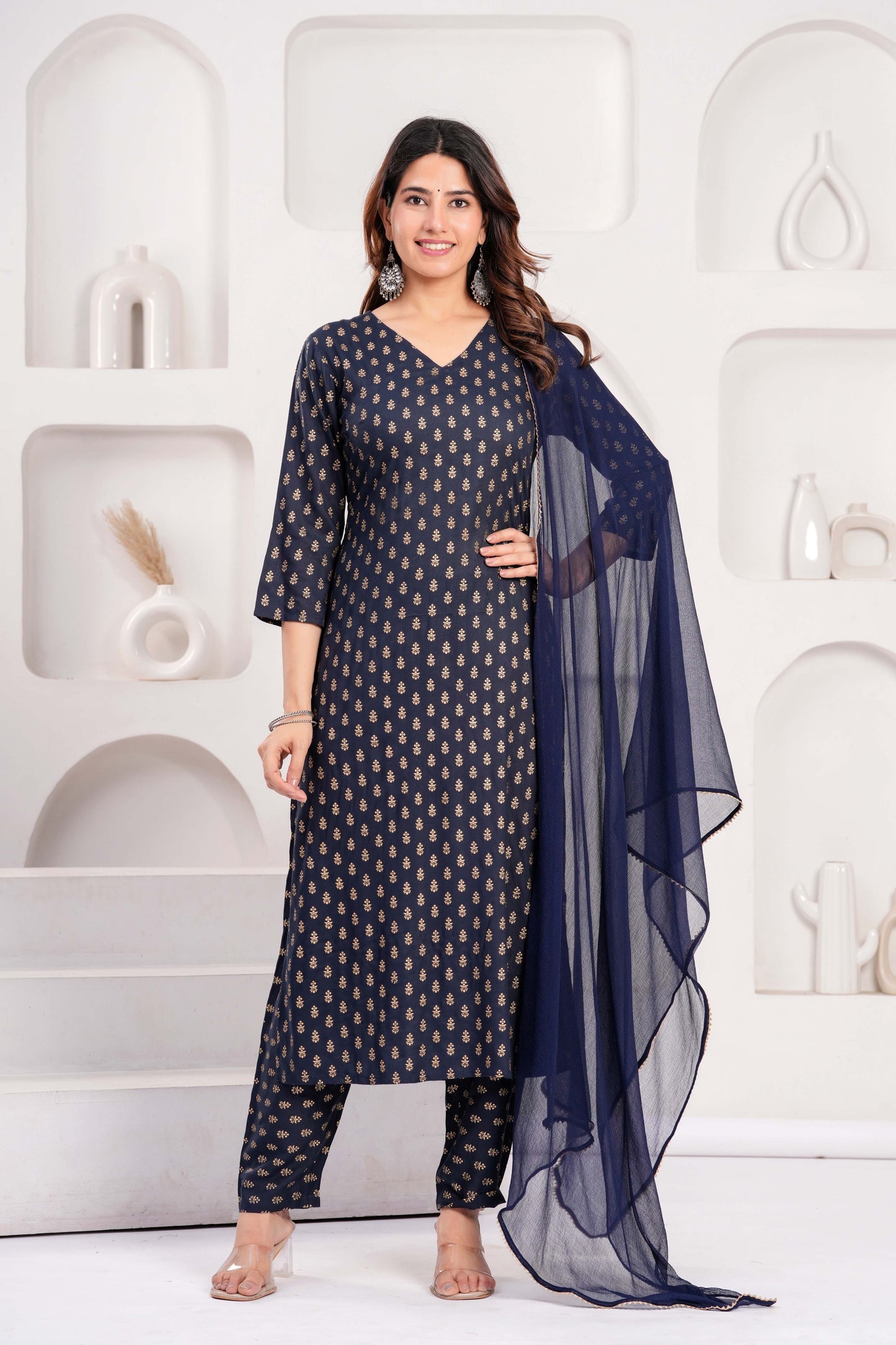 Navy Blue Printed Kurta Set With Solid Dupatta For Women | LASVINI - Redefining Indian Fashion with Elegance