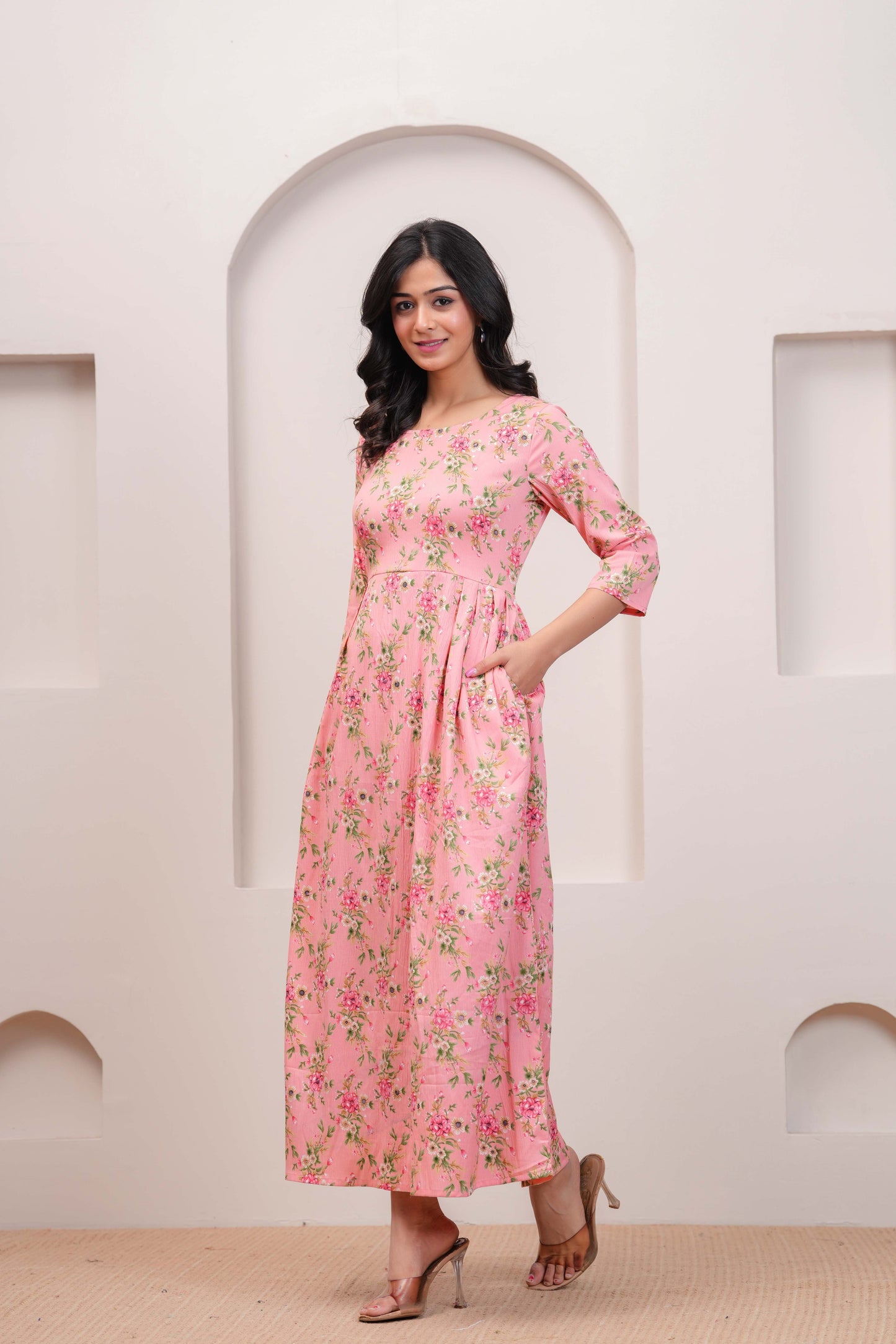 Peach Floral Printed Flared Dress for Women | LASVINI - Redefining Indian Fashion with Elegance