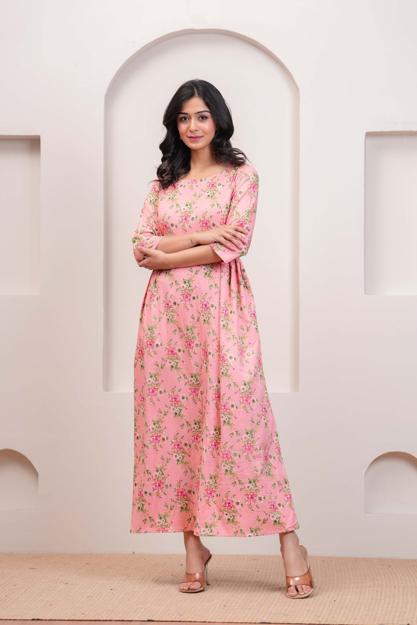 Peach Floral Printed Flared Dress for Women | LASVINI - Redefining Indian Fashion with Elegance