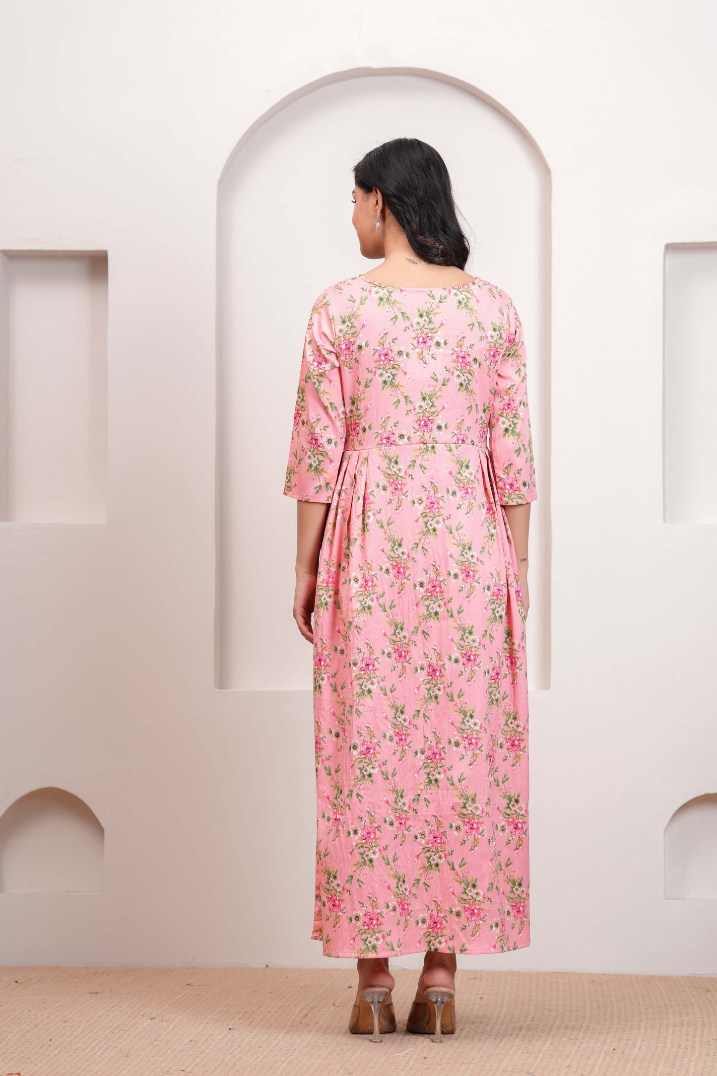 Peach Floral Printed Flared Dress for Women | LASVINI - Redefining Indian Fashion with Elegance