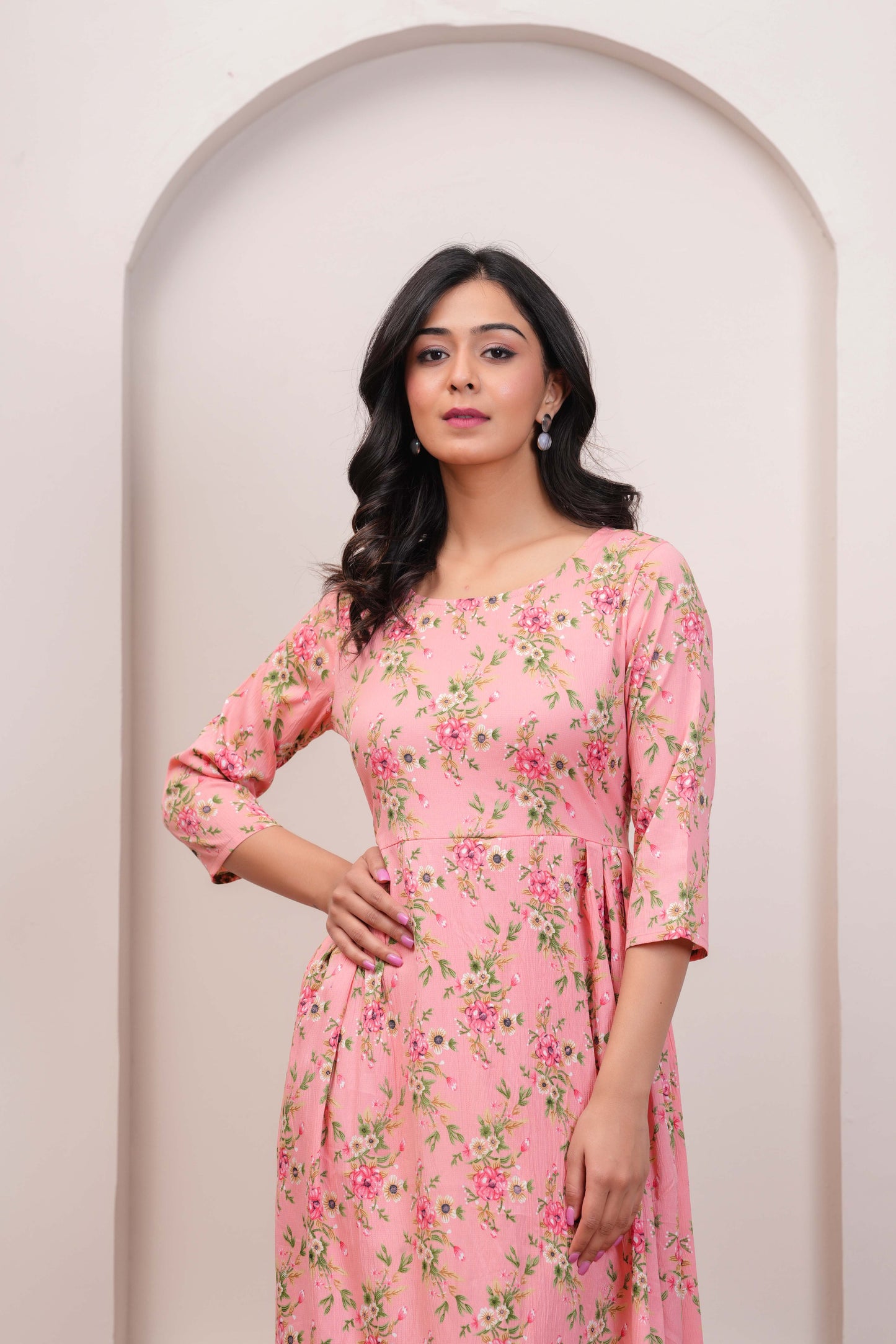 Peach Floral Printed Flared Dress for Women | LASVINI - Redefining Indian Fashion with Elegance