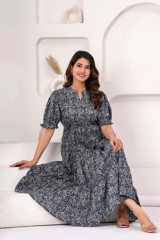 Grey Floral Printed Flared Dress for Women | LASVINI - Redefining Indian Fashion with Elegance