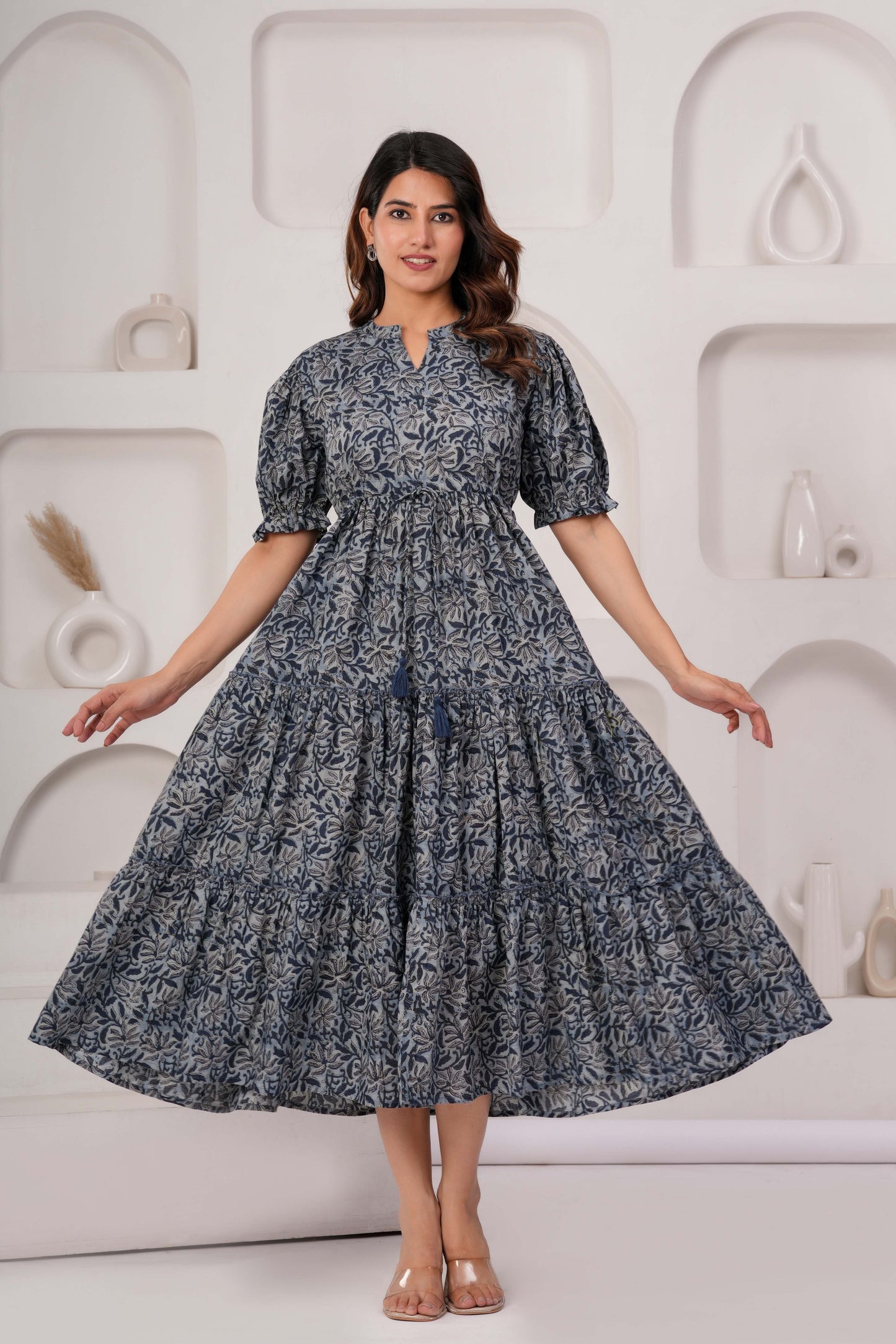 Grey Floral Printed Flared Dress for Women | LASVINI - Redefining Indian Fashion with Elegance