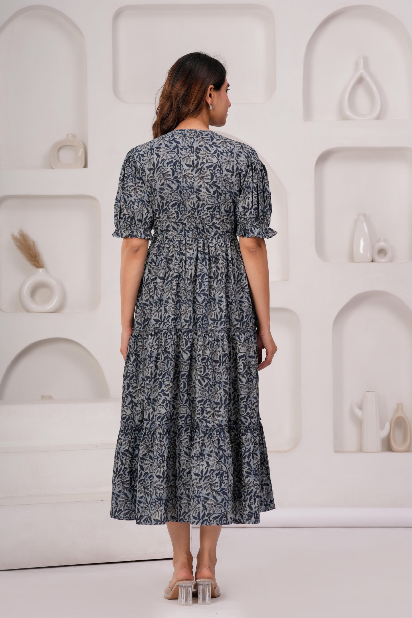 Grey Floral Printed Flared Dress for Women | LASVINI - Redefining Indian Fashion with Elegance