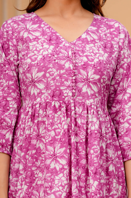 Purple Floral Printed Flared Dress for Women | LASVINI - Redefining Indian Fashion with Elegance