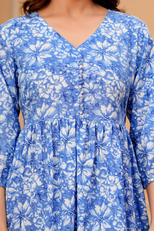 Blue Floral Printed Flared Dress for Women | LASVINI - Redefining Indian Fashion with Elegance