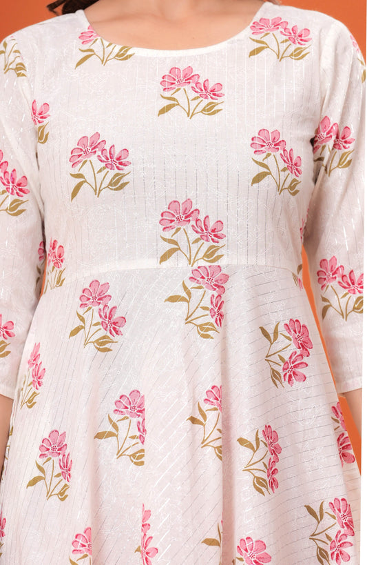 White Printed Anarkali Kurta Set With Dupatta For Women | LASVINI - Redefining Indian Fashion with Elegance