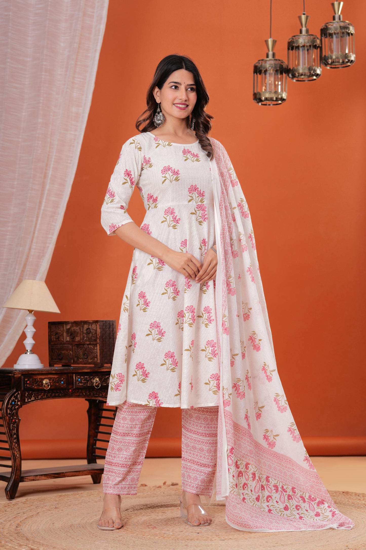White Printed Anarkali Kurta Set With Dupatta For Women | LASVINI - Redefining Indian Fashion with Elegance
