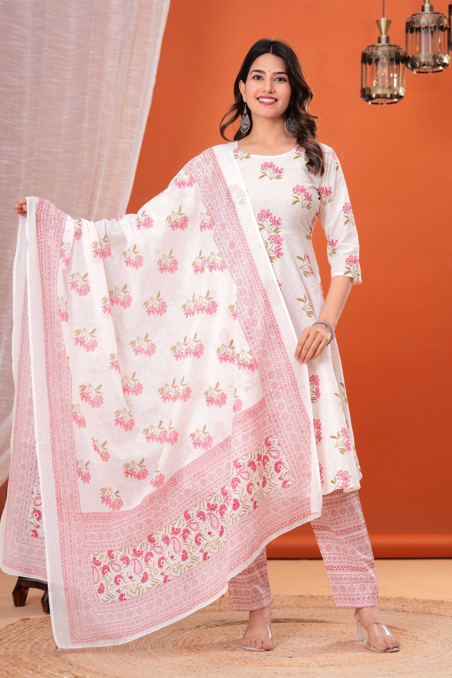 White Printed Anarkali Kurta Set With Dupatta For Women | LASVINI - Redefining Indian Fashion with Elegance