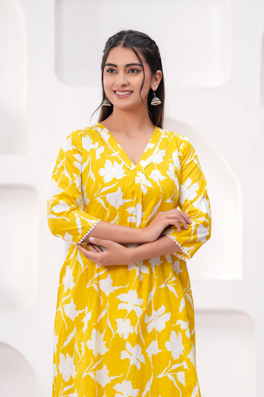 Yellow Printed Two Piece Cotton Co-ord Set for Women | LASVINI - Redefining Indian Fashion with Elegance