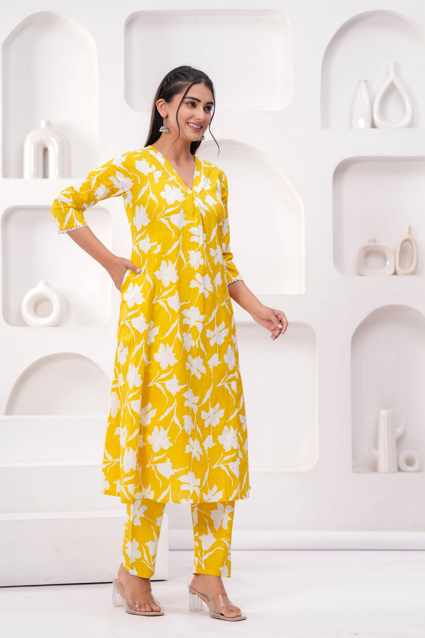 Yellow Printed Two Piece Cotton Co-ord Set for Women | LASVINI - Redefining Indian Fashion with Elegance