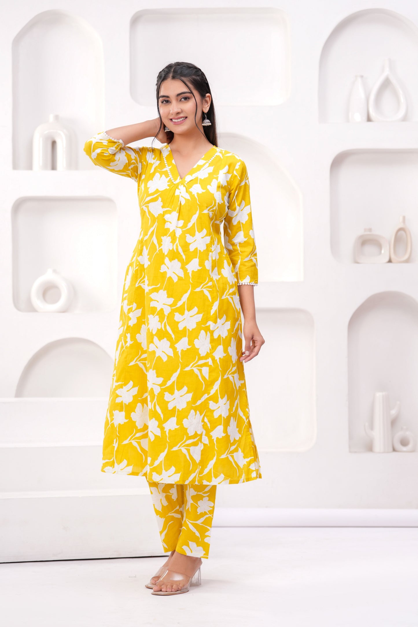 Yellow Printed Two Piece Cotton Co-ord Set for Women | LASVINI - Redefining Indian Fashion with Elegance