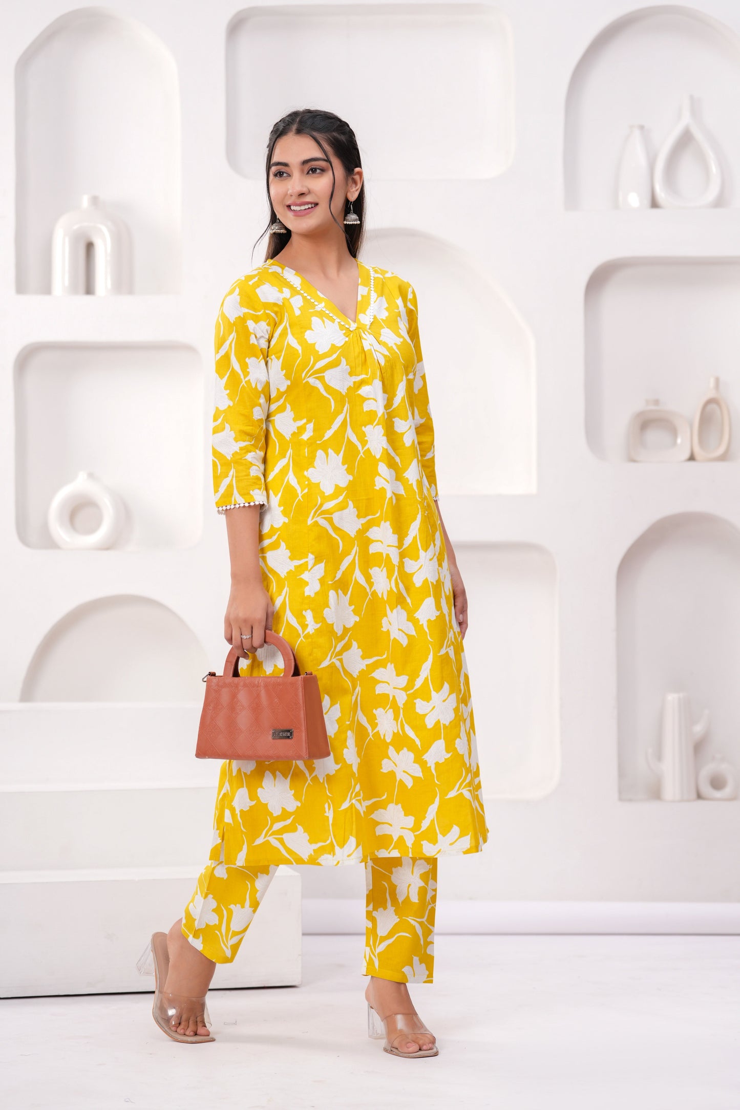 Yellow Printed Two Piece Cotton Co-ord Set for Women | LASVINI - Redefining Indian Fashion with Elegance