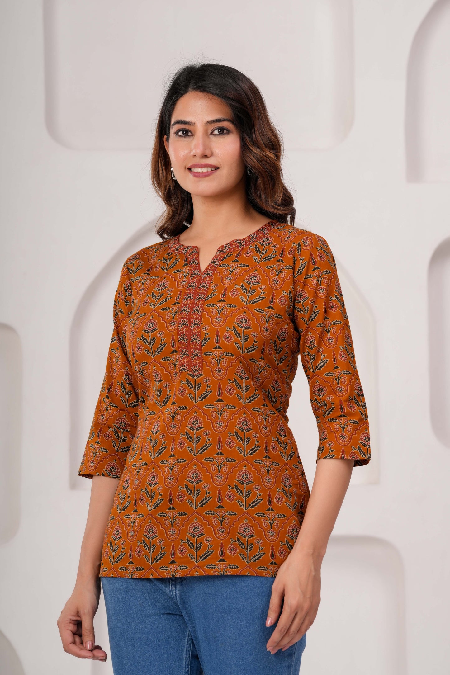 Women Mustard Printed Straight Tunic | LASVINI - Redefining Indian Fashion with Elegance