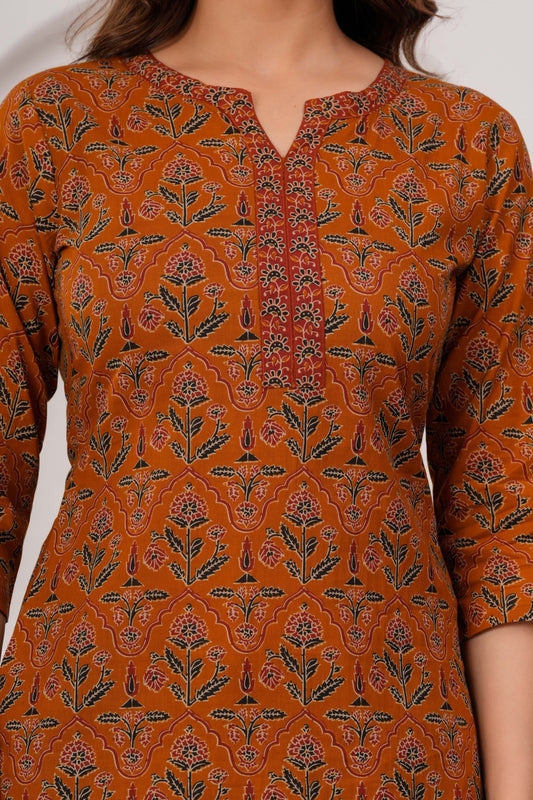 Women Mustard Printed Straight Tunic | LASVINI - Redefining Indian Fashion with Elegance