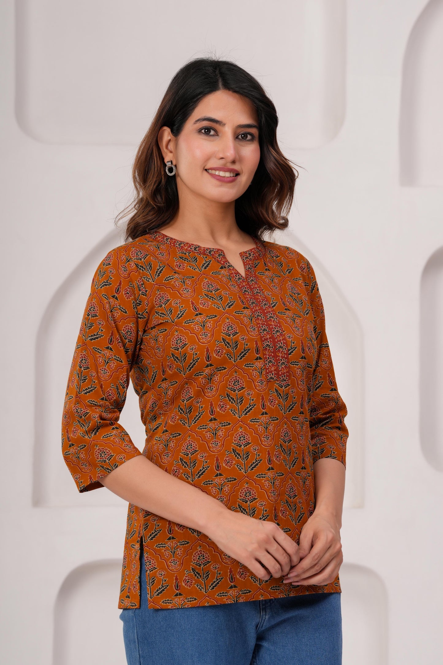 Women Mustard Printed Straight Tunic | LASVINI - Redefining Indian Fashion with Elegance