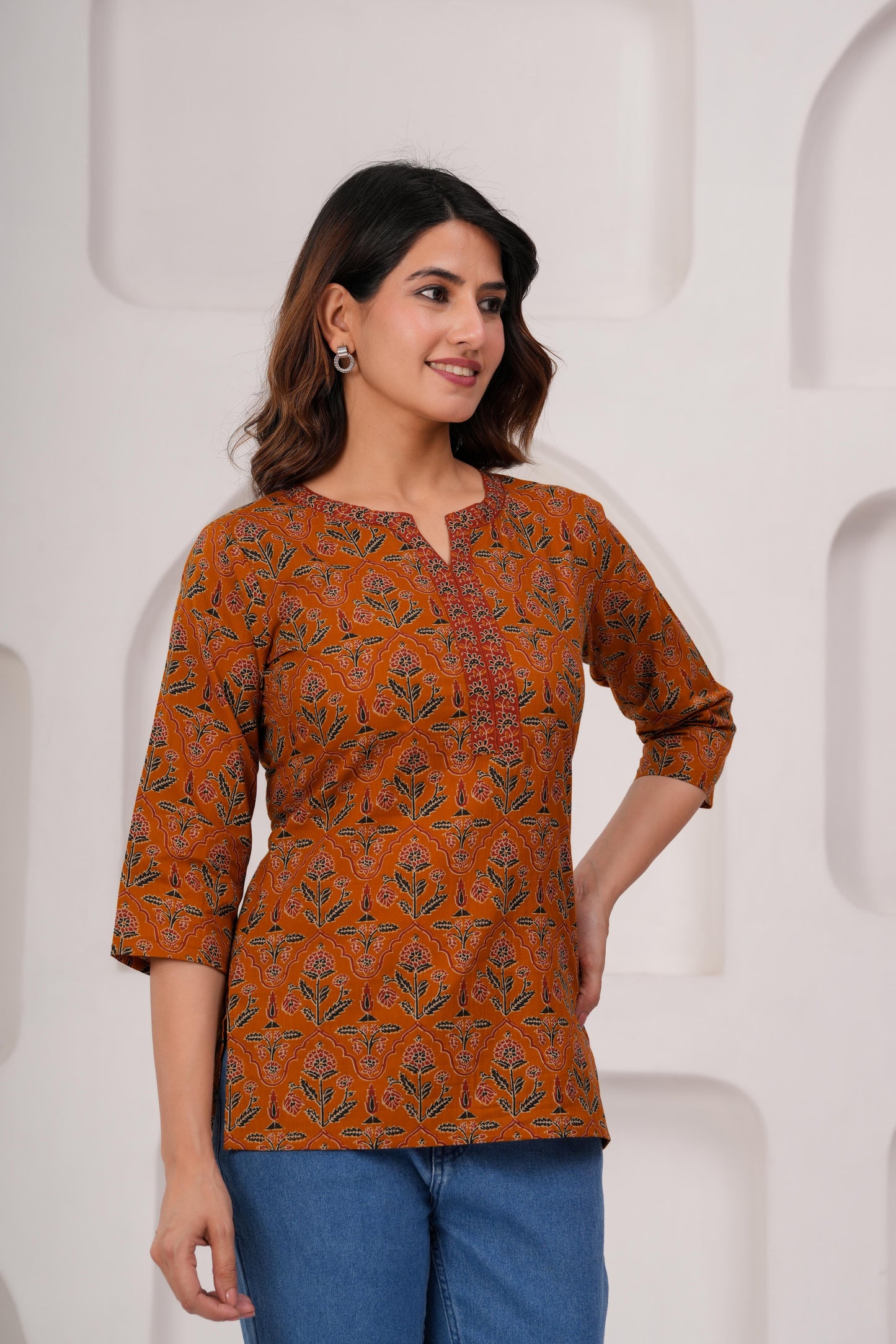Women Mustard Printed Straight Tunic | LASVINI - Redefining Indian Fashion with Elegance