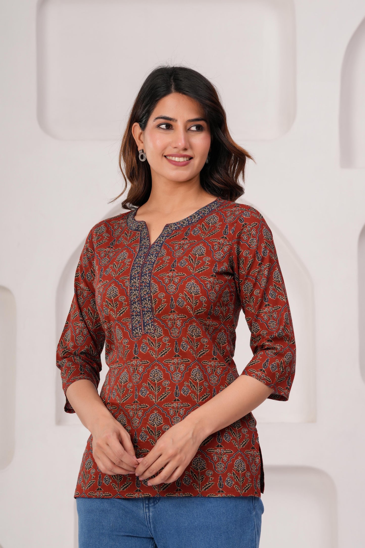 Women Maroon Printed Straight Tunic | LASVINI - Redefining Indian Fashion with Elegance