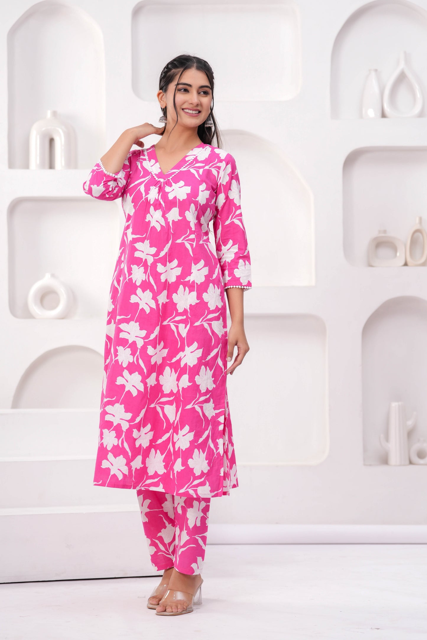Pink Printed Two Piece Cotton Co-ord Set for Women | LASVINI - Redefining Indian Fashion with Elegance