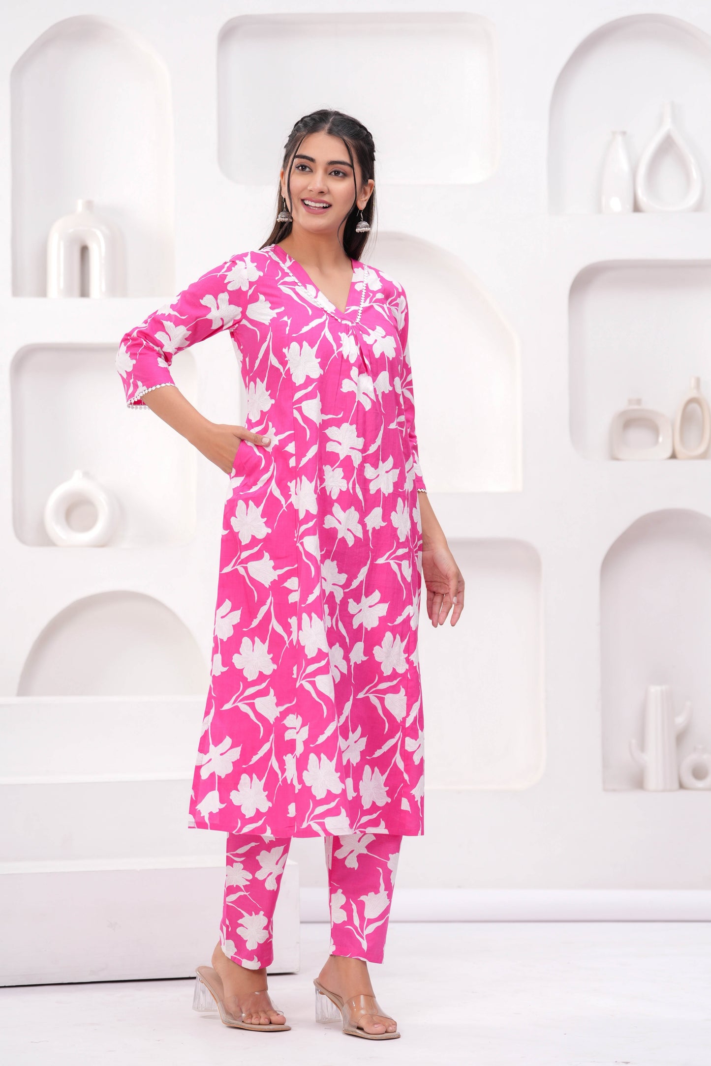 Pink Printed Two Piece Cotton Co-ord Set for Women | LASVINI - Redefining Indian Fashion with Elegance