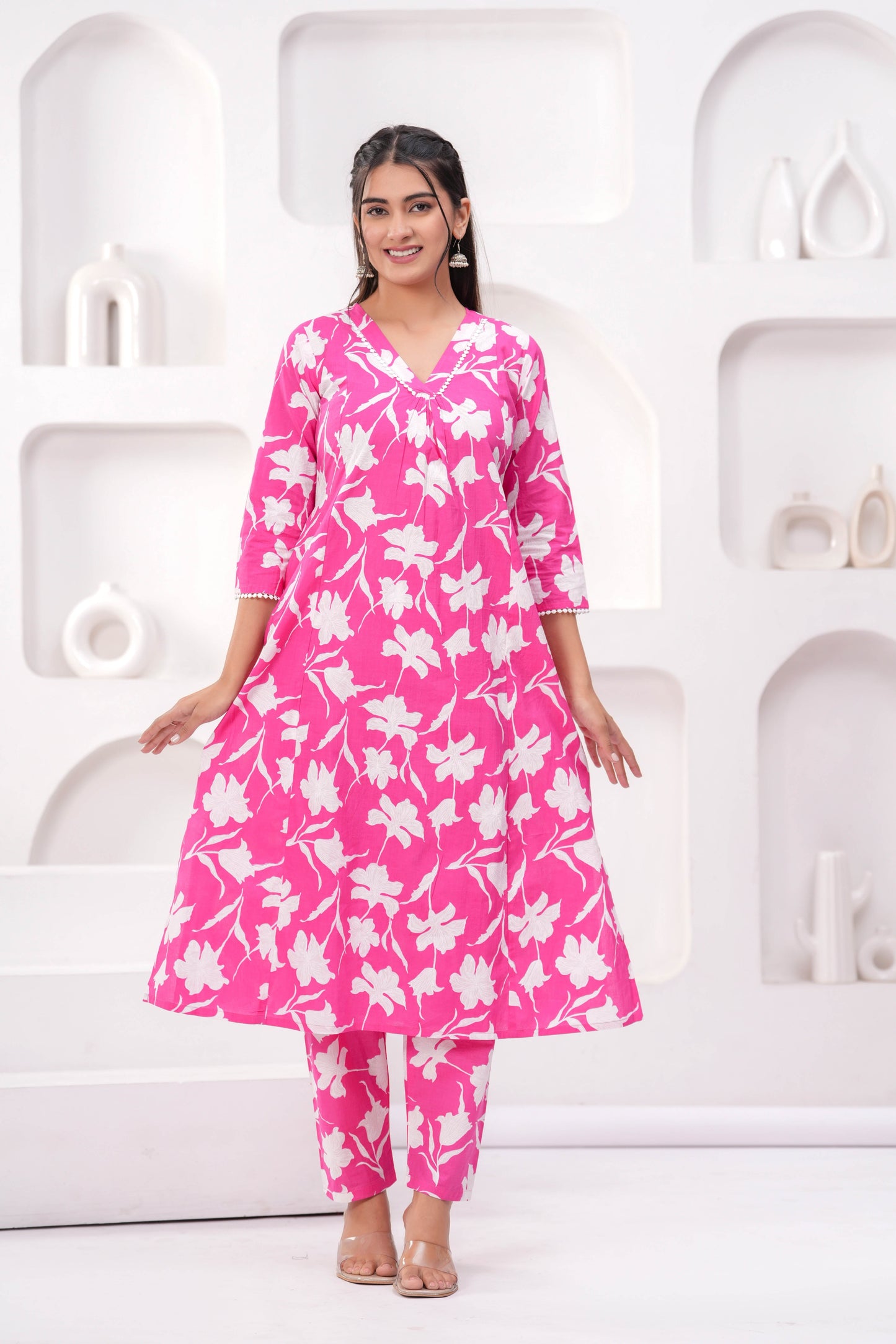 Pink Printed Two Piece Cotton Co-ord Set for Women | LASVINI - Redefining Indian Fashion with Elegance