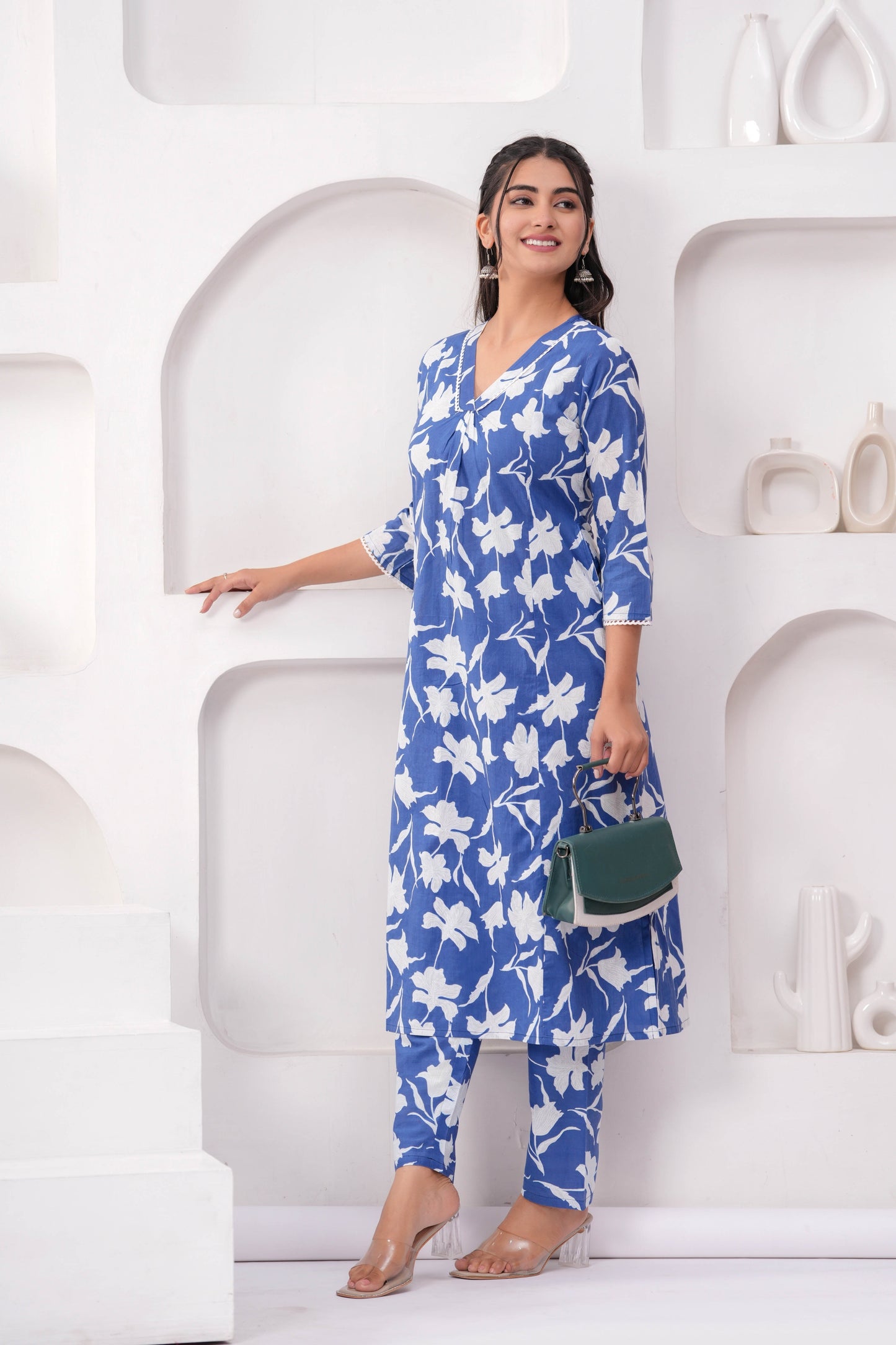 Blue Printed Two Piece Cotton Co-ord Set for Women | LASVINI - Redefining Indian Fashion with Elegance