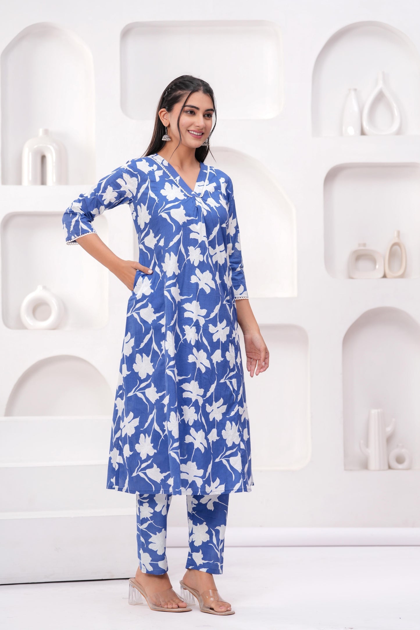 Blue Printed Two Piece Cotton Co-ord Set for Women | LASVINI - Redefining Indian Fashion with Elegance