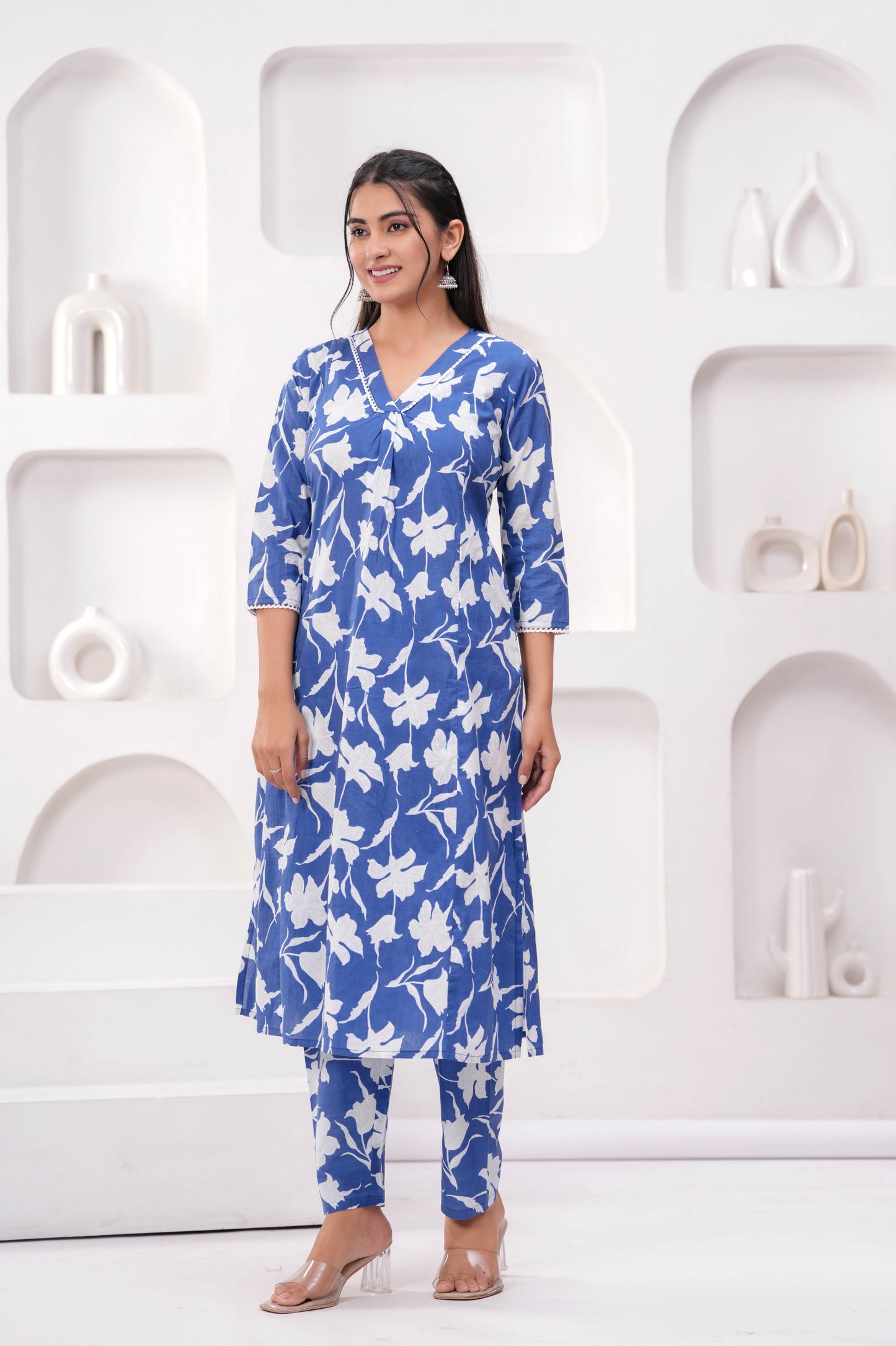 Blue Printed Two Piece Cotton Co-ord Set for Women | LASVINI - Redefining Indian Fashion with Elegance