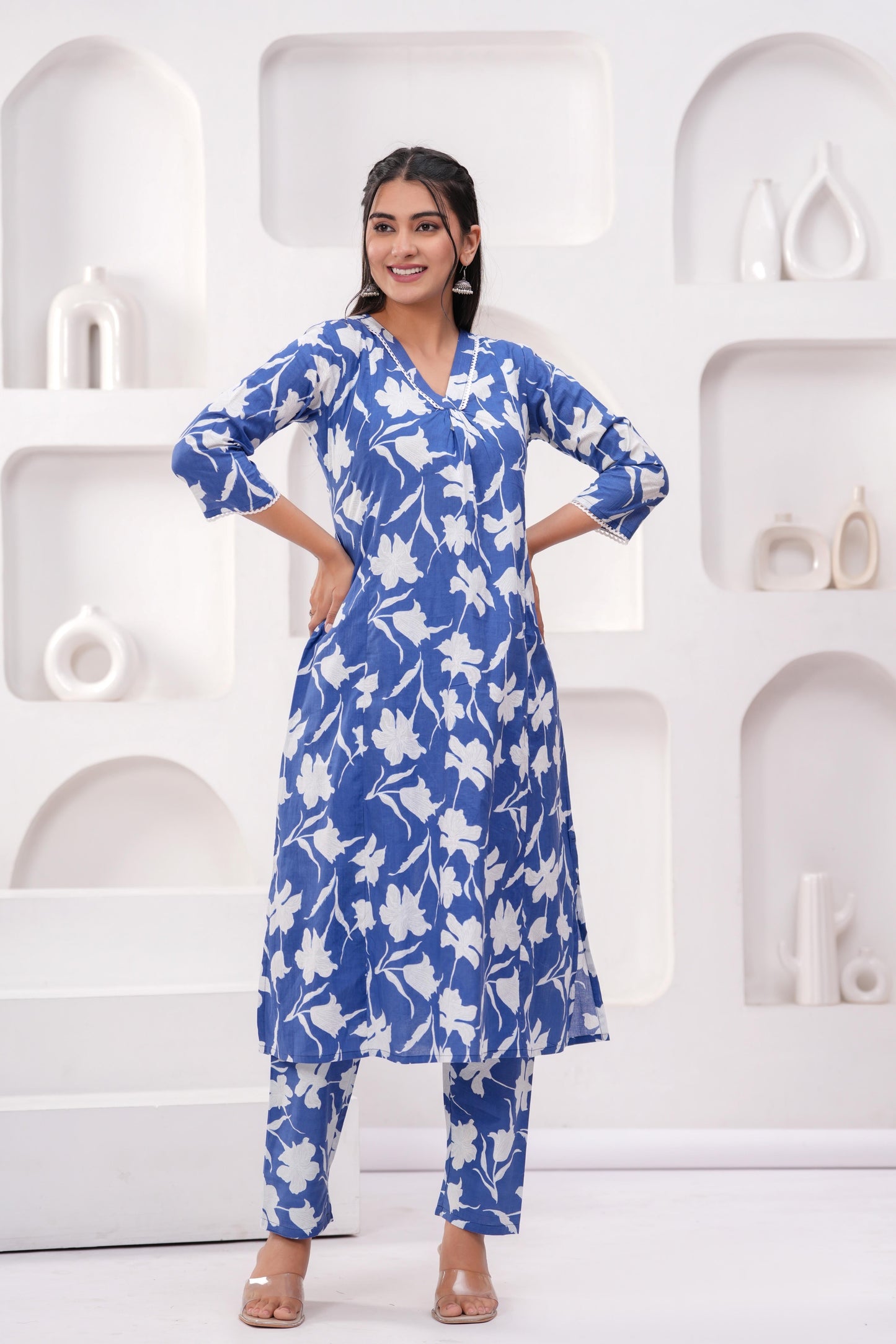 Blue Printed Two Piece Cotton Co-ord Set for Women | LASVINI - Redefining Indian Fashion with Elegance