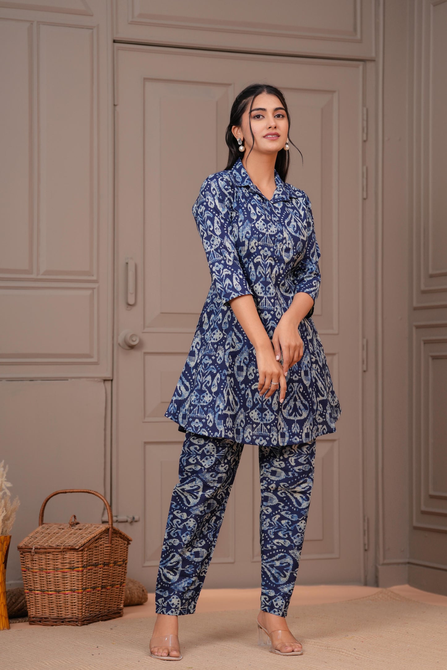 Navy Blue Printed Two Piece Cotton Co-ord Set for Women | LASVINI - Redefining Indian Fashion with Elegance