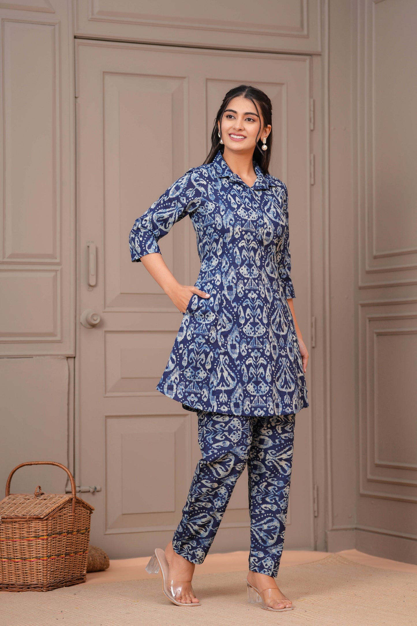 Navy Blue Printed Two Piece Cotton Co-ord Set for Women | LASVINI - Redefining Indian Fashion with Elegance