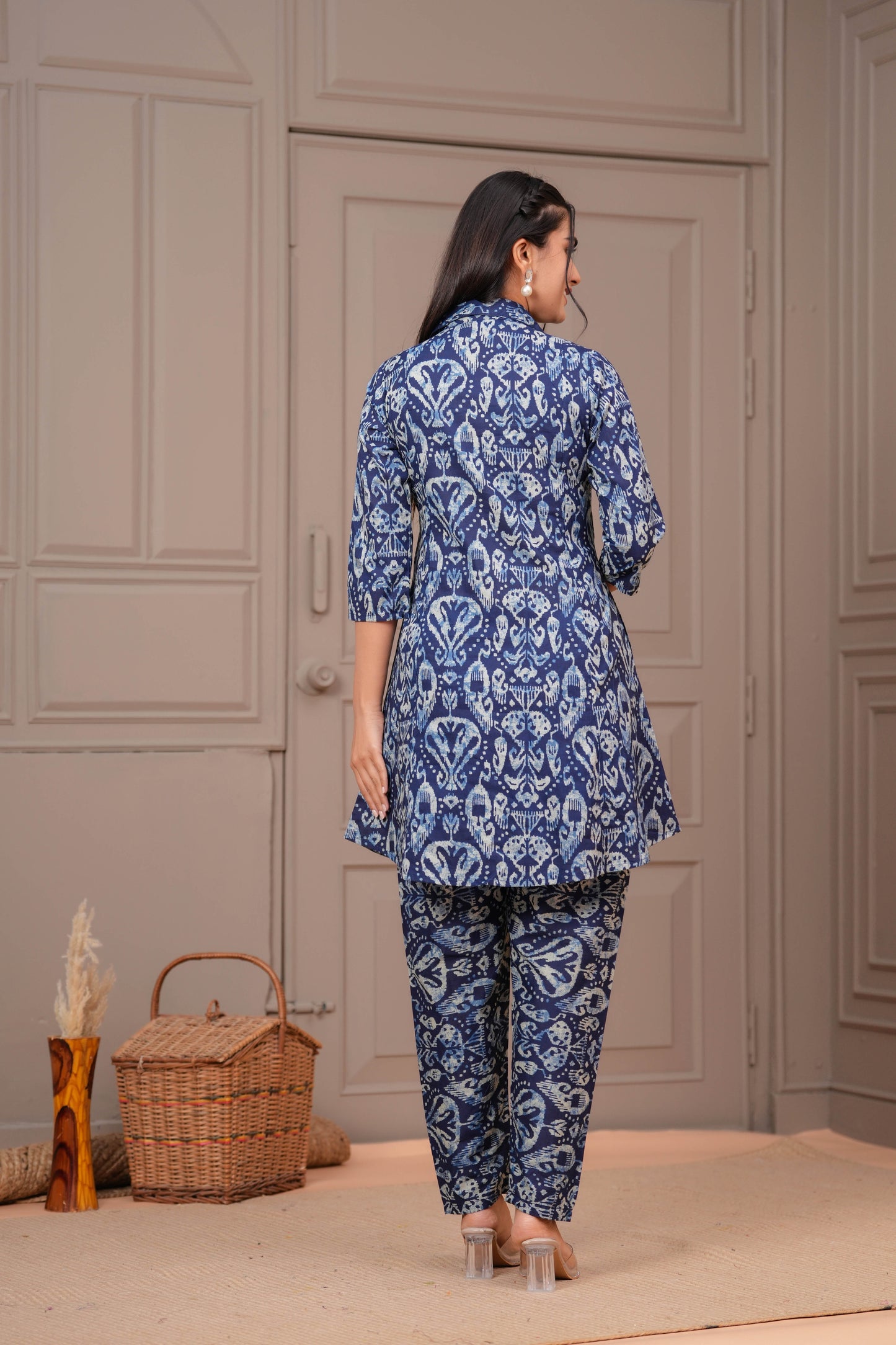 Navy Blue Printed Two Piece Cotton Co-ord Set for Women | LASVINI - Redefining Indian Fashion with Elegance
