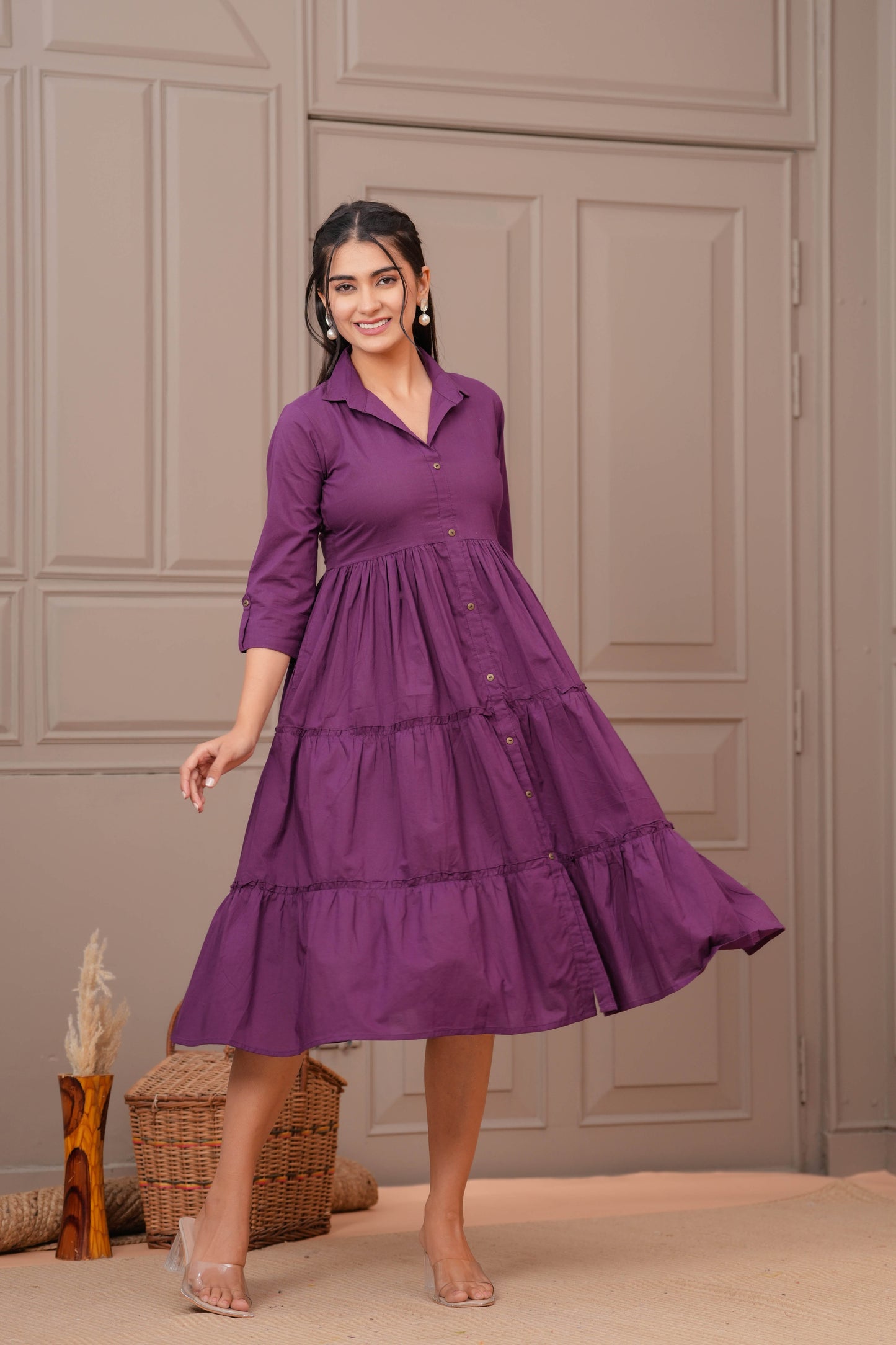 Purple Shirt Collar Casual Wear Dress for Women | LASVINI - Redefining Indian Fashion with Elegance