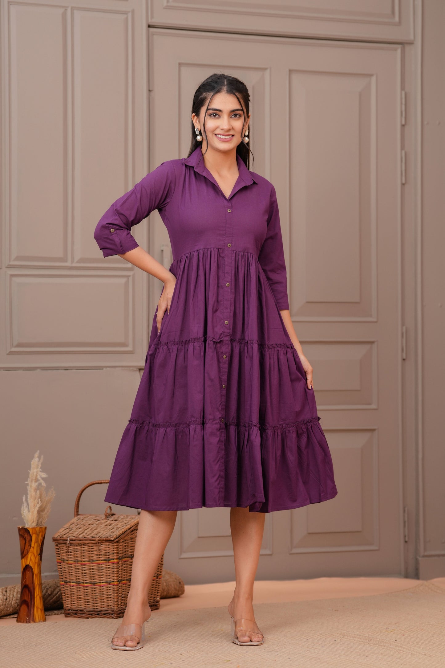 Purple Shirt Collar Casual Wear Dress for Women | LASVINI - Redefining Indian Fashion with Elegance