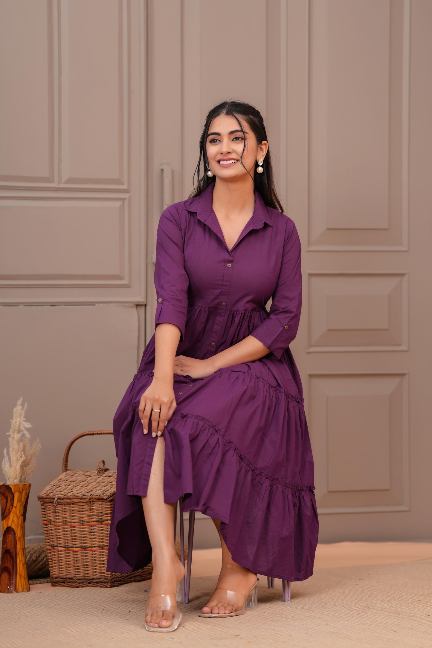 Purple Shirt Collar Casual Wear Dress for Women | LASVINI - Redefining Indian Fashion with Elegance