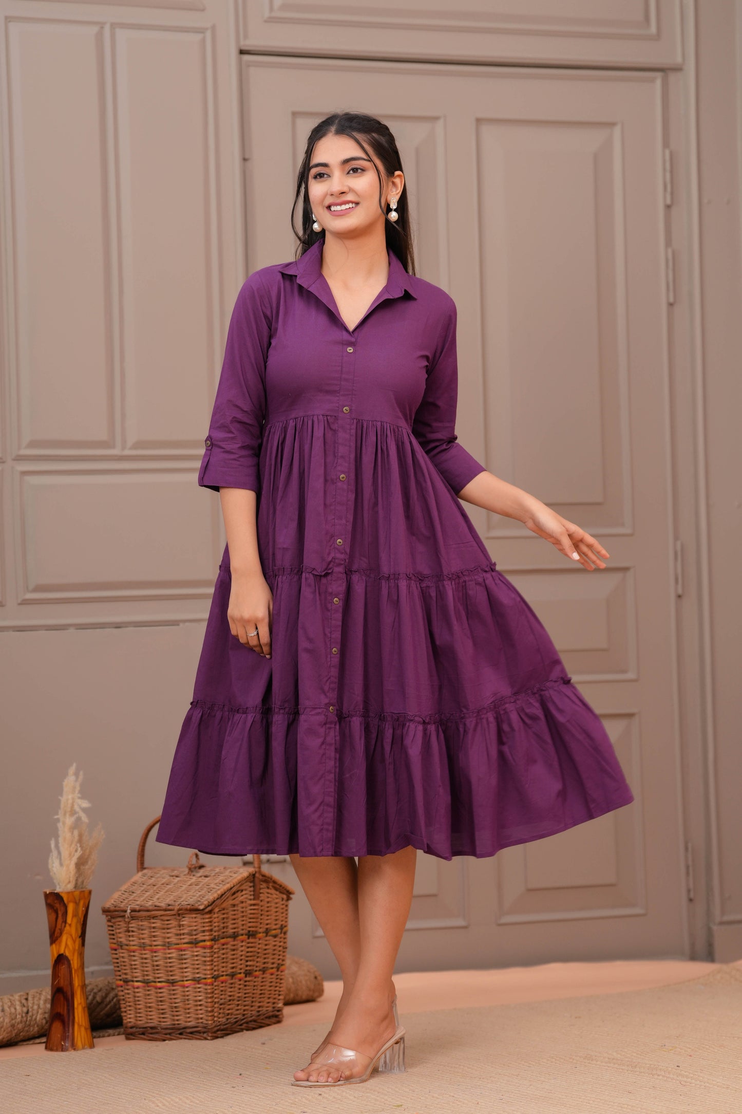 Purple Shirt Collar Casual Wear Dress for Women | LASVINI - Redefining Indian Fashion with Elegance