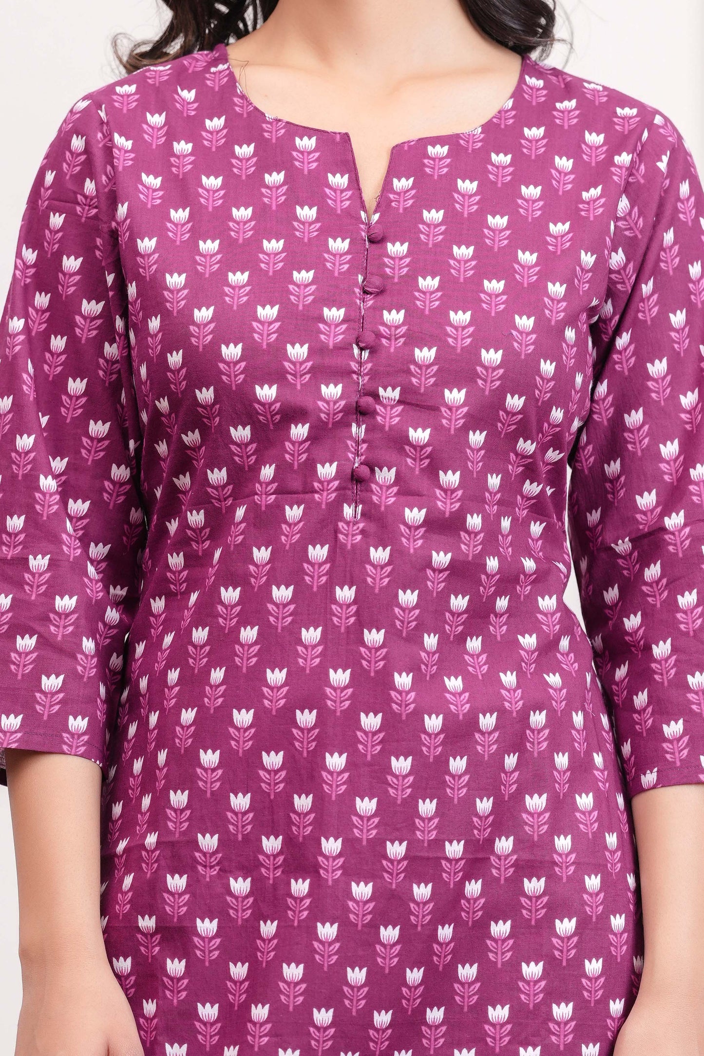 Women Purple Printed Straight Kurta with Three Quarter Sleeves | LASVINI - Redefining Indian Fashion with Elegance