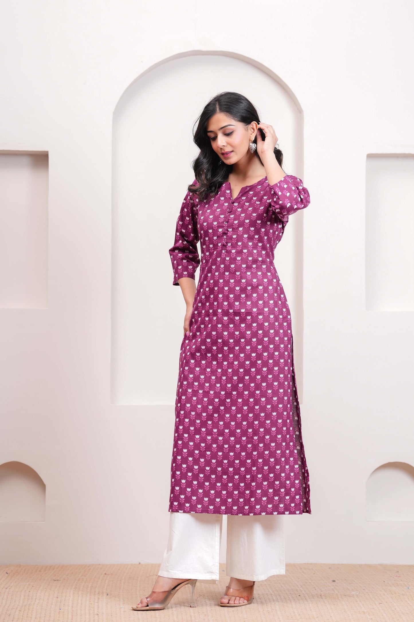 Women Purple Printed Straight Kurta with Three Quarter Sleeves | LASVINI - Redefining Indian Fashion with Elegance