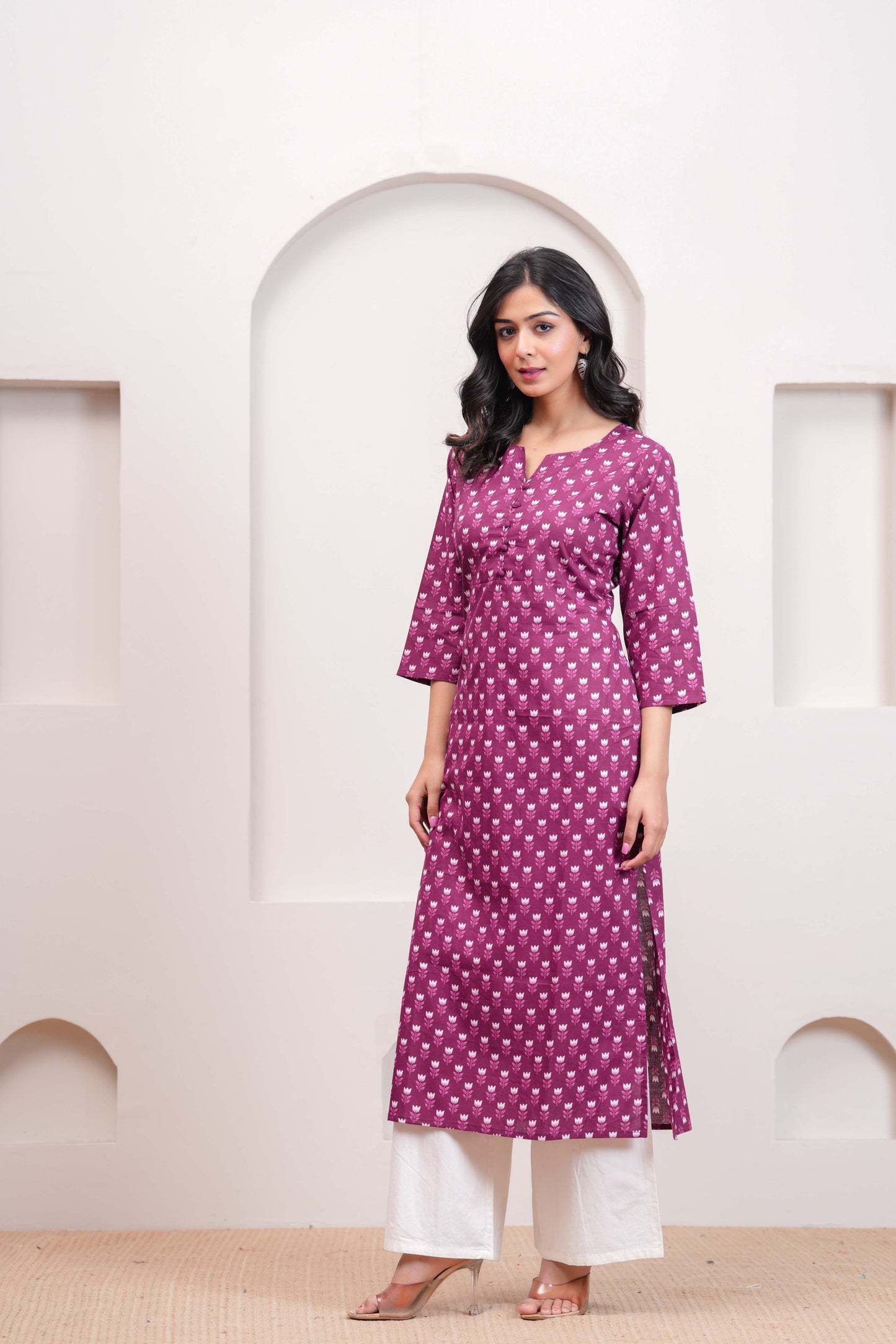 Women Purple Printed Straight Kurta with Three Quarter Sleeves | LASVINI - Redefining Indian Fashion with Elegance