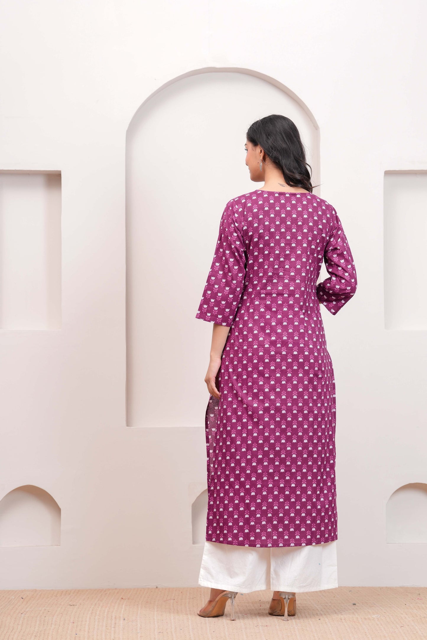 Women Purple Printed Straight Kurta with Three Quarter Sleeves | LASVINI - Redefining Indian Fashion with Elegance